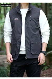 Close-up of JEEP SPIRIT 1941 brand embroidery on dark grey outdoor multi-pocket vest
