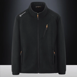 Men's black fleece outdoor jacket with stand collar and zipper pockets for spring