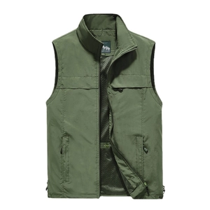 Army green men's outdoor utility vest with breathable mesh lining and multi-pockets
