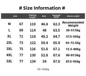 Size chart for men's outdoor fleece jacket including length, chest, and weight guide