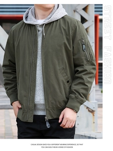 Détail de la veste aviateur vert olive avec poche zippée et sweat à capuche gris