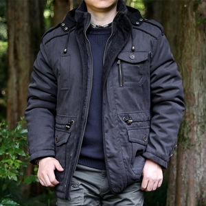 Men's dark grey fleece-lined hooded jacket with multi-pocket design for outdoor leisure