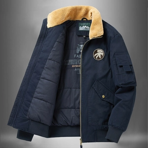 Men's navy blue pilot jacket with sherpa collar and quilted lining for winter warmth