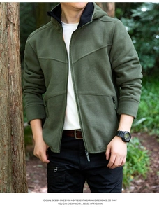Olive green men's hooded fleece jacket with zipper pockets for outdoor activities