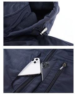 Detail of navy outdoor windbreaker with hooded drawstrings and fleece lining