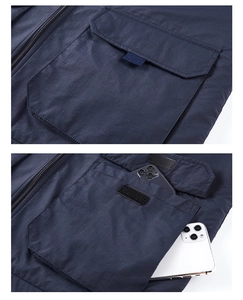 Detailed view of cargo jacket large utility pockets with secure Velcro flap closure