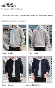 Detailed fabric composition and color chart for men's waffle jacket in three colors