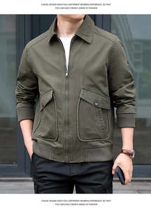 Detail of olive green cotton bomber jacket showing buttoned chest pockets and ribbed cuffs