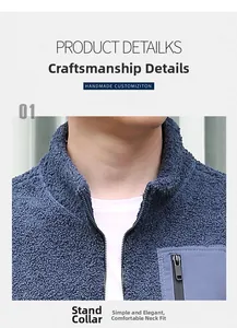 Close-up of stand-up collar and premium zipper on navy fleece outdoor jacket