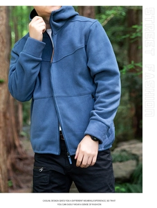 Blue hooded fleece jacket for men featuring a full-zip front and secure zipper side pockets