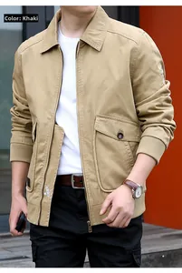 Detail view of khaki cotton bomber jacket featuring cargo pockets and embroidery