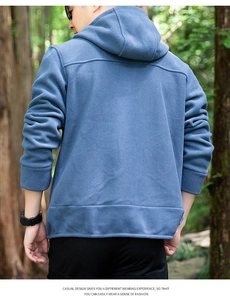Rear view of a men's navy blue hooded fleece jacket featuring decorative back seam detailing