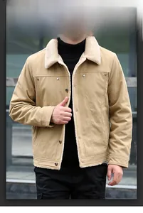 Detail of khaki men's winter jacket featuring warm fleece collar and button-down front closure
