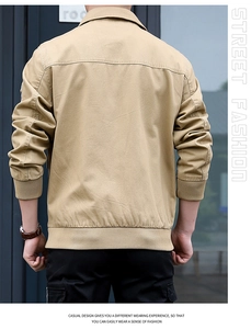 Detail view of khaki cotton flight jacket back with ribbed hem and stitching