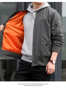 Détail du blouson aviateur MA-1 gris avec doublure orange et poche sur la manche