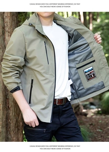 Detail of khaki outdoor jacket showing breathable gray mesh lining and inner pocket
