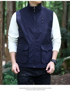 Detail of navy blue multi-pocket utility vest showing zipper and cargo pockets
