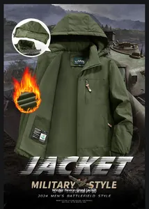 Detail view of military green outdoor jacket with warm fleece lining and removable hood