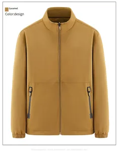 Detail of caramel windproof jacket featuring a stand-up collar and secure zipper pockets