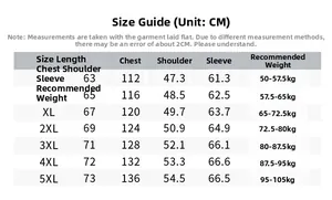 Detailed size guide table for men's winter jacket showing measurements from M to 5XL