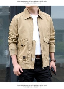 Detail showing khaki cotton flight jacket texture with collar and metal zipper pocket