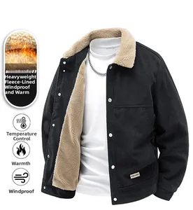 Detail of men black corduroy jacket with warm beige faux shearling lining and metal snaps