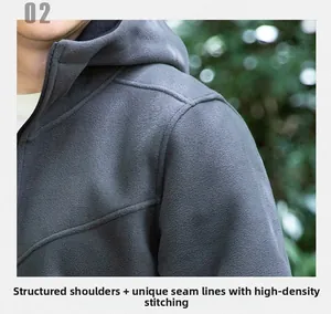 Detail of high-density stitching and unique split line design on fleece hoodie shoulder