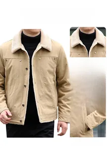 Detail of khaki winter jacket with warm sherpa collar and reinforced stitching