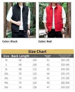 Size chart for men's outdoor casual vest with length and chest measurements
