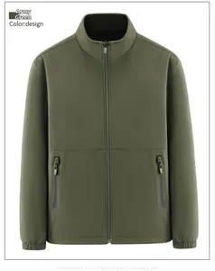 Detail of army green men's fleece jacket with stand collar and zip pockets