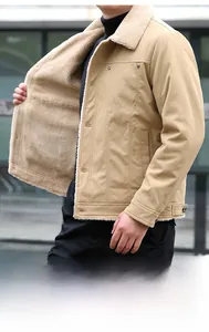 Close-up of men's winter khaki jacket with thick fleece lining and lapel collar detail