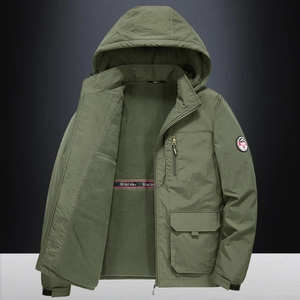 Men's army green hooded windbreaker jacket with fleece lining and cargo pockets