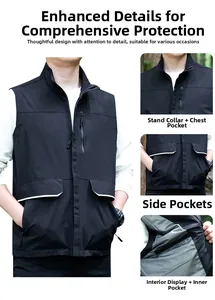 Detail of men's outdoor vest featuring zip pockets, stand collar and breathable mesh lining