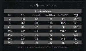 Detailed size chart for men outdoor jacket with measurements from M to 5XL for perfect fit