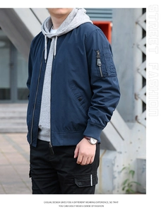 Détail de la manche du blouson bomber bleu marine avec poche zippée et poignet élastique
