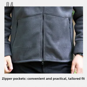 Detail view of grey fleece jacket showing secure side zipper pocket and fit tailoring