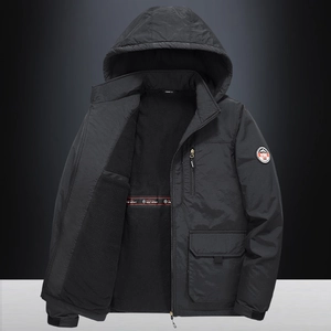 Men's black hooded windbreaker jacket with warm fleece lining and tactical multi-pockets