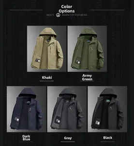 Selection of men's waterproof padded jackets in khaki, green, blue, gray and black colors