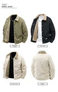 Detailed views of corduroy jacket texture and thick lambswool lining in three colors