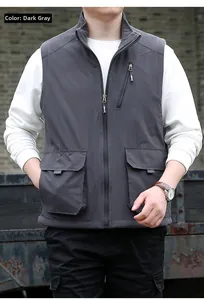 Gilet utilitaire gris foncé pour hommes avec poches multiples et col montant