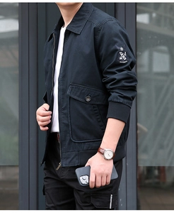 Close-up of a navy cotton bomber jacket sleeve featuring an authentic embroidery patch