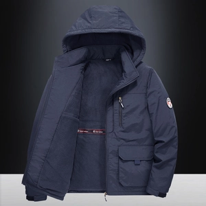 Men's dark blue hooded windbreaker with warm fleece lining and multi-pocket design