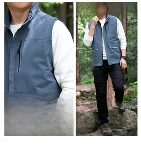 Detail view of a men's slate blue windproof outdoor vest with functional multi-pockets