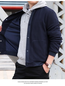 Macro detail of men's navy blue waffle texture jacket with metallic snap buttons