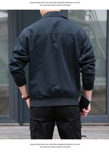 Rear view of men's cotton flight jacket featuring ribbed cuffs and hem with topstitch detail