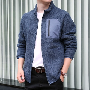 Men's polar fleece jacket with stand collar and zipper pocket in navy blue finish