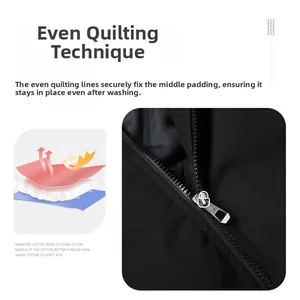 Detail view of uniform quilted black jacket showing multi-layer insulation and nylon zipper