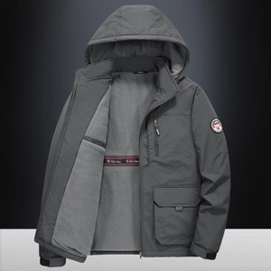 Men's dark grey hooded windbreaker jacket with warm fleece lining and tactical pockets
