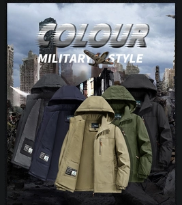 Detail view of military style outdoor jackets in black, green, khaki, navy, and grey colors