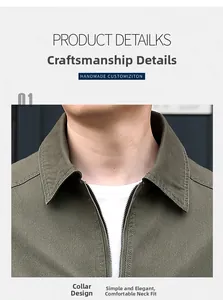 Detailed view of military green cotton jacket collar with precise double-needle stitching